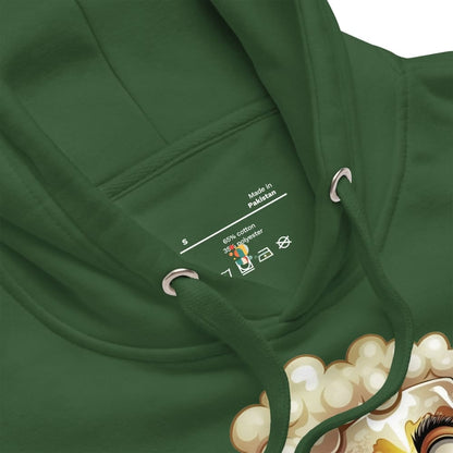 Green hoodie with brand logo and text on the chest pocket against a white background