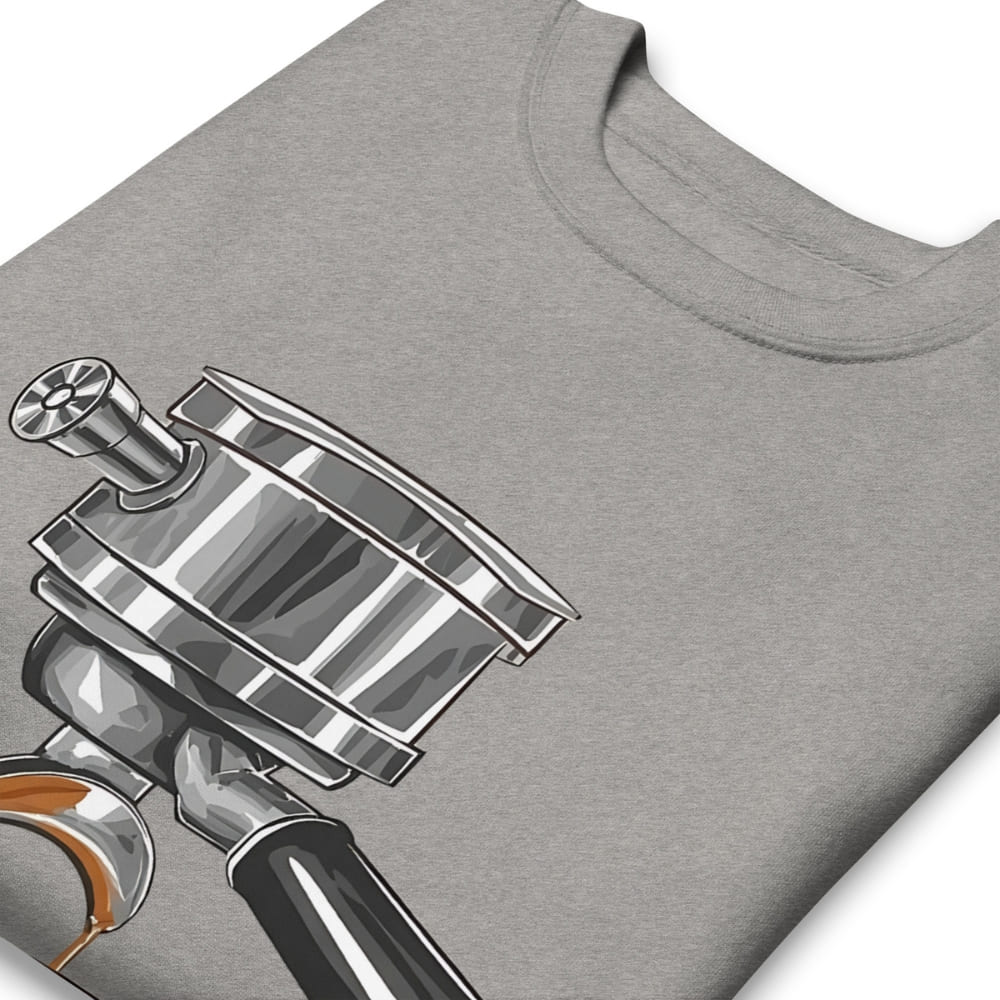 Gray t-shirt with a coffee grinder graphic on a white background