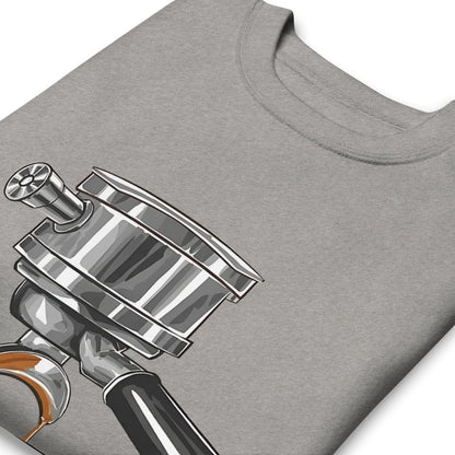 Gray t-shirt with a coffee grinder graphic on a white background
