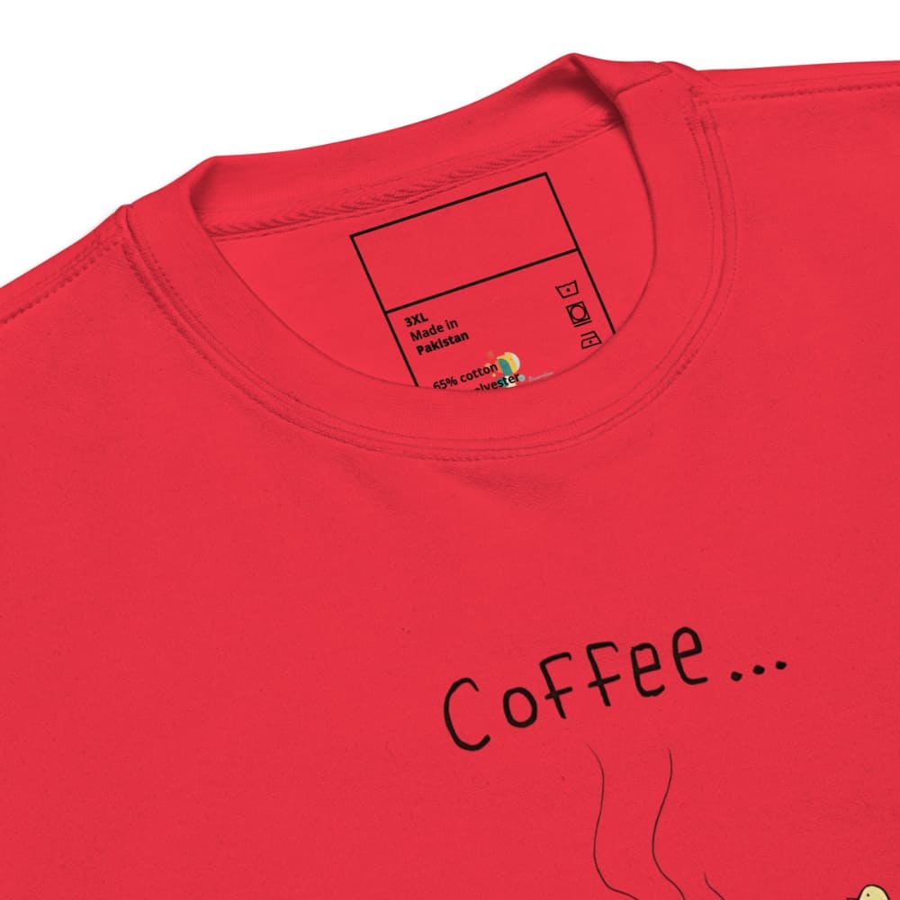 Red t-shirt with 'Coffee...' text on a white background