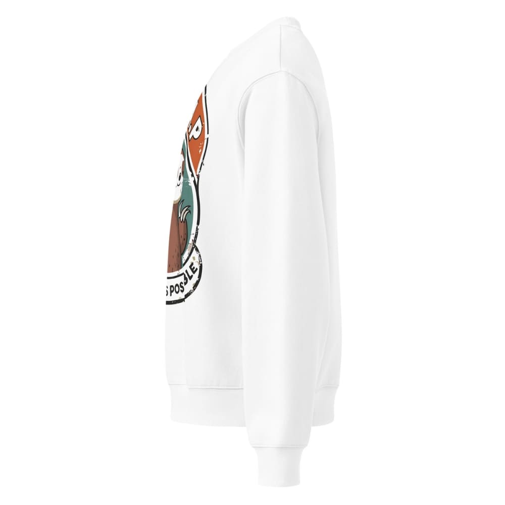 White sweatshirt with a logo on the sleeve against a white background