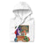 White hoodie with cartoon characters and text on a white background