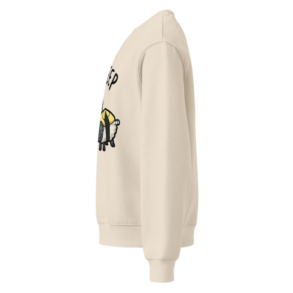 Beige hoodie with a graphic design on the sleeve against a white background