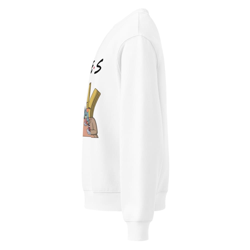 White hoodie with a graphic design on the sleeve against a white background