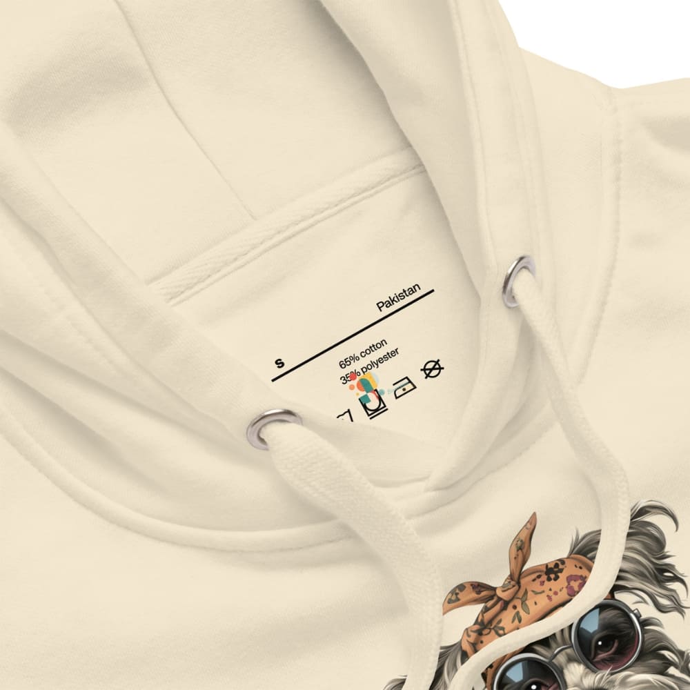 Beige hoodie with a graphic design on the pocket, featuring a horse with sunglasses and a bandana.