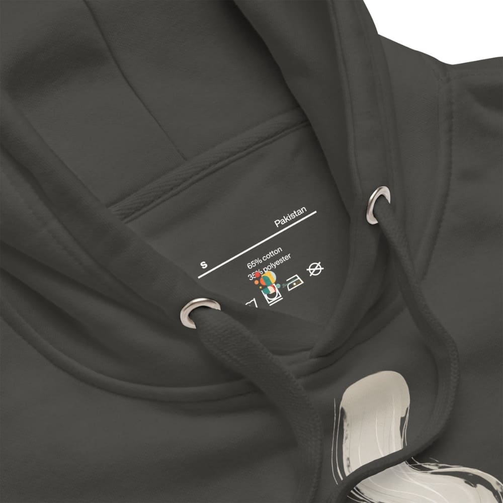 Black hoodie with drawstring and label on a white background