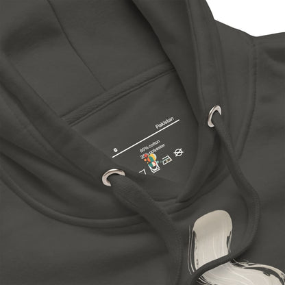Black hoodie with drawstring and label on a white background