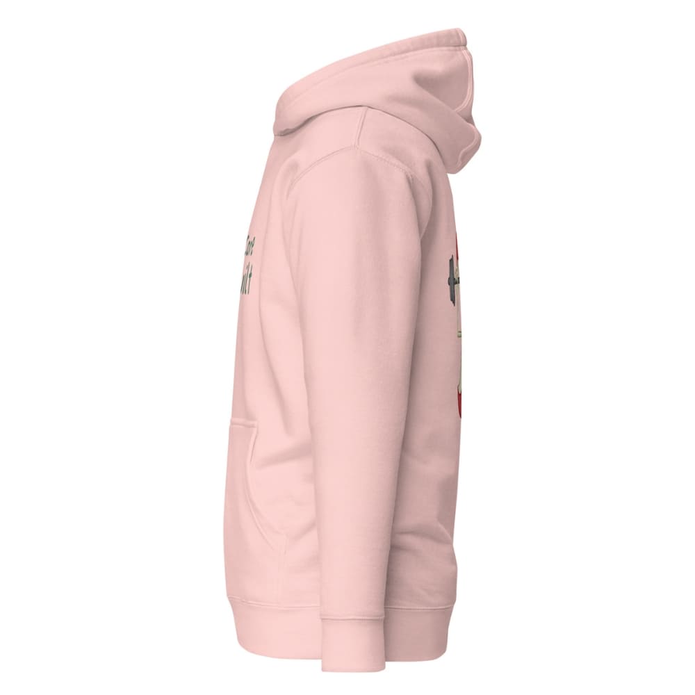 Pink hoodie with brand logos on a white background