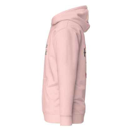 Pink hoodie with brand logos on a white background