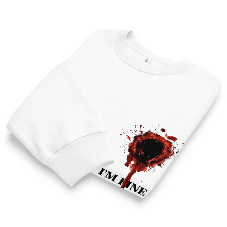 White t-shirt with a red splatter design and 'I'm fine' text on a white background