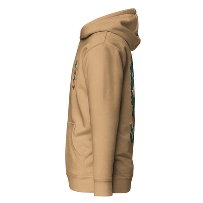 Beige hoodie with graphic designs on sleeves on a white background
