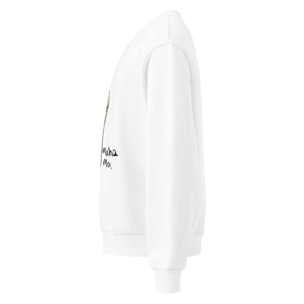 White hoodie with text on the sleeve against a white background