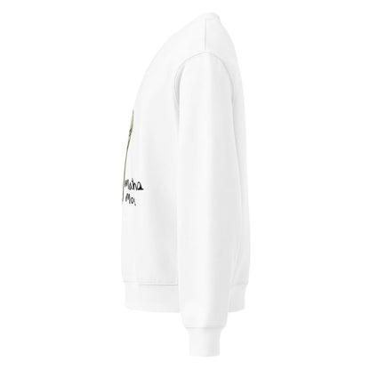 White hoodie with text on the sleeve against a white background