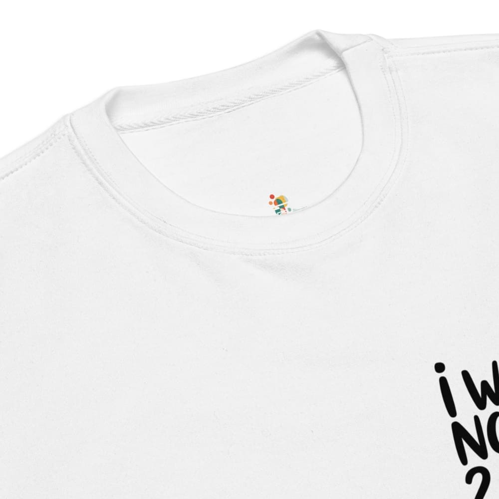 White t-shirt with a colorful logo on the chest and text on the sleeve.