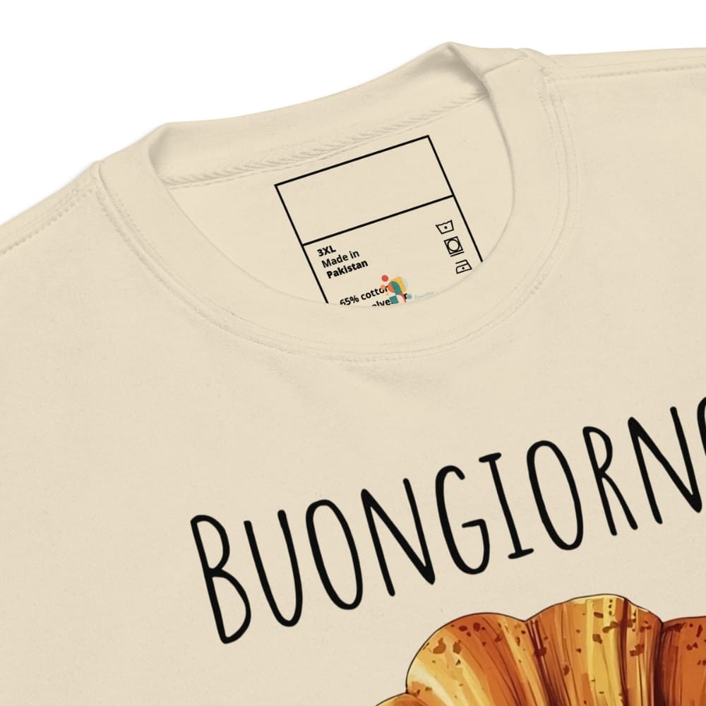 Beige sweatshirt with 'BUONGIORNO' text and pumpkin graphic, close-up of label.