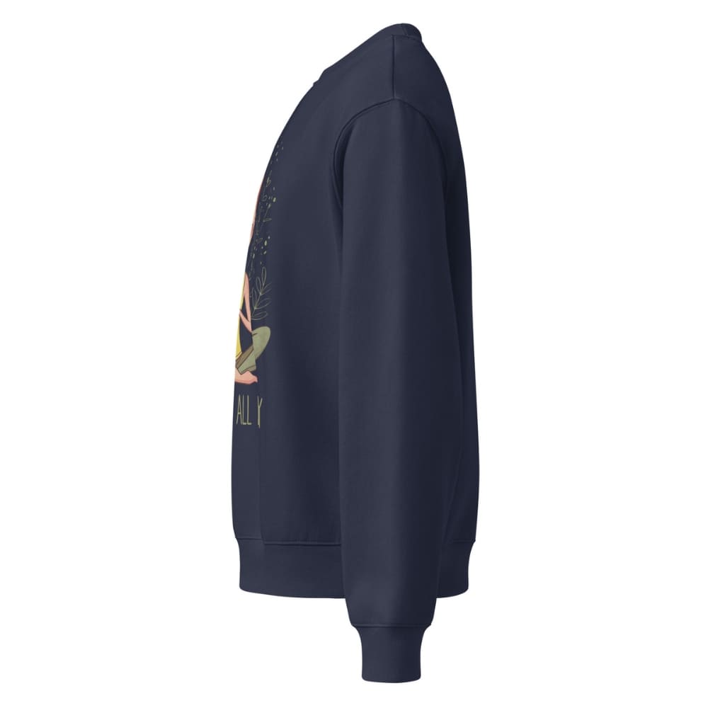 Navy blue sweatshirt with a graphic design on the sleeve against a white background
