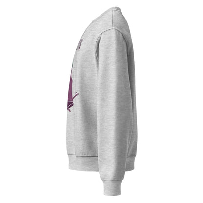 Gray hoodie with a logo on the sleeve against a white background