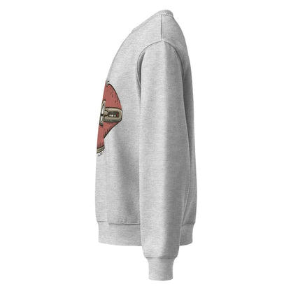 Gray hoodie with a red and white graphic on the sleeve against a white background