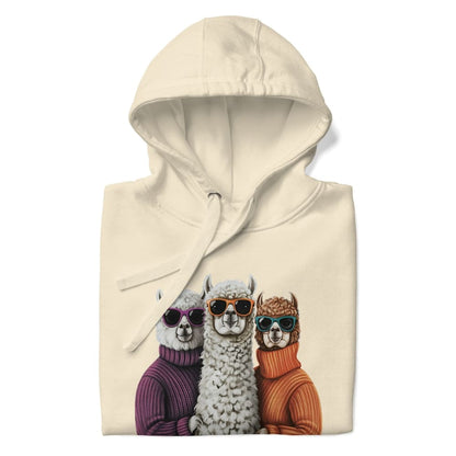 Beige hoodie with a graphic of three llamas wearing sunglasses and sweaters on a white background