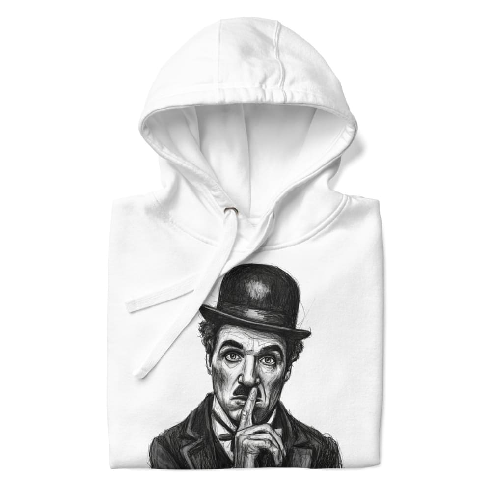 White hoodie with a graphic of a person in a bowler hat and monochrome design on a white background
