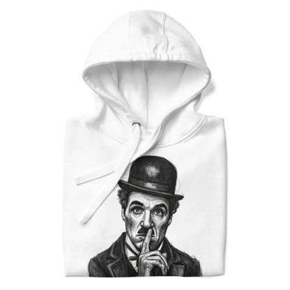 White hoodie with a graphic of a person in a bowler hat and monochrome design on a white background