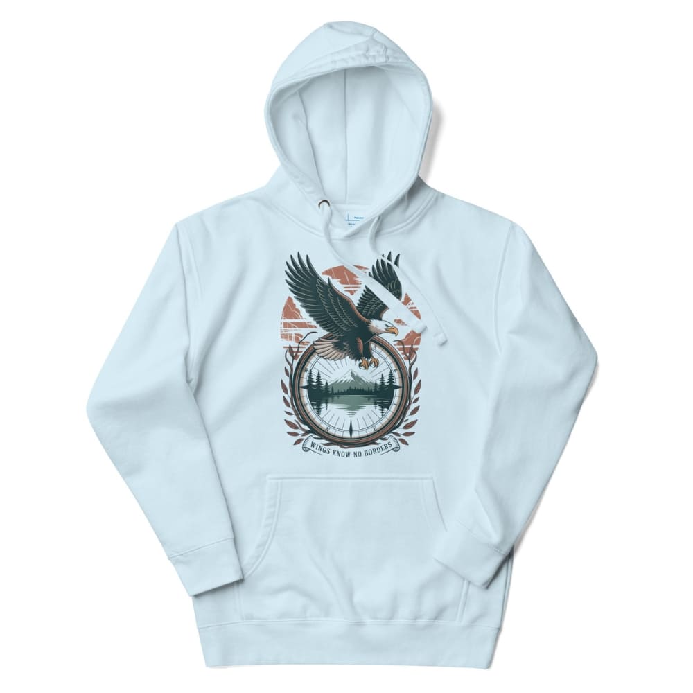 Light blue hoodie with an eagle design on a white background