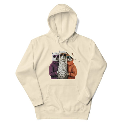 Beige hoodie with a graphic of three meerkats wearing sweaters on a white background