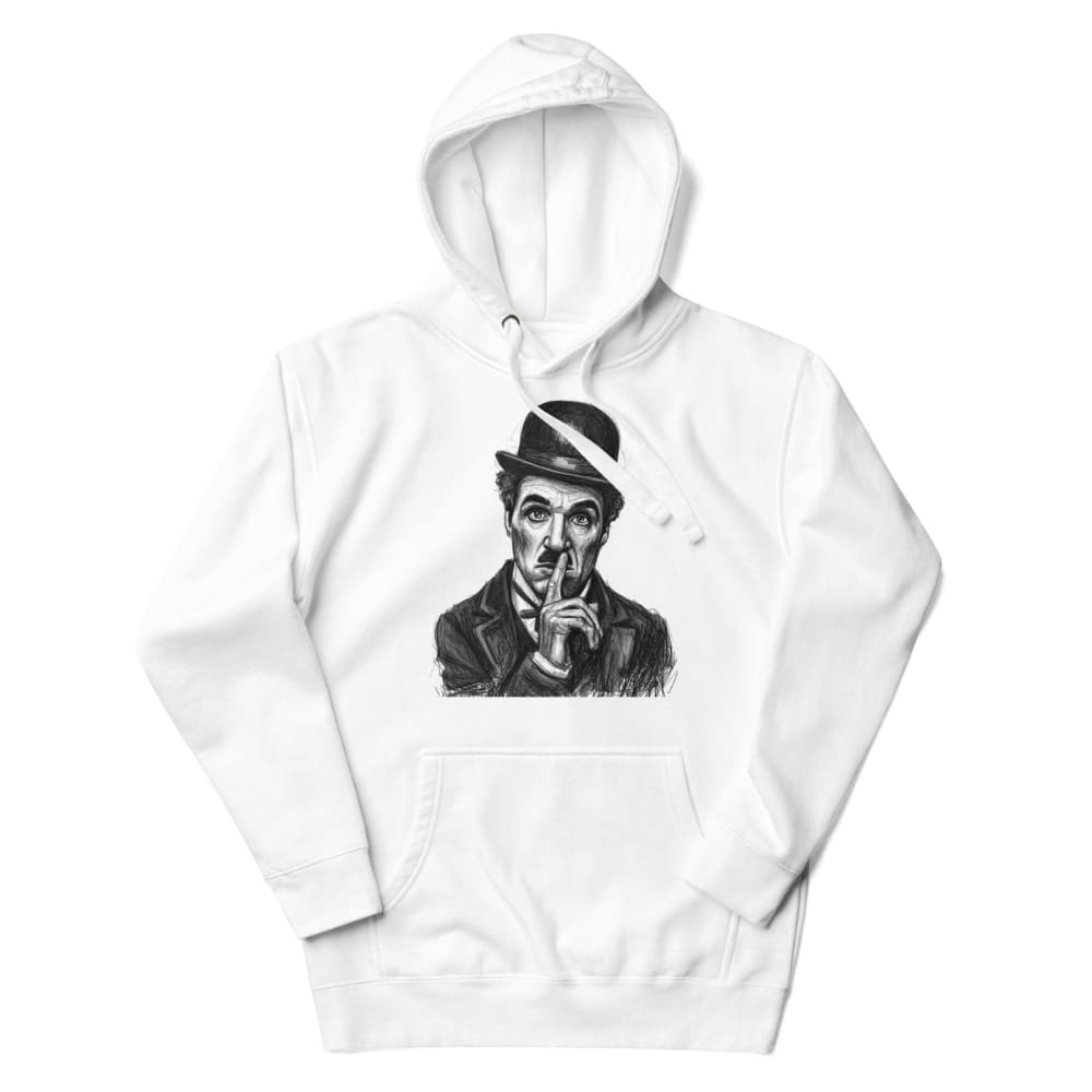 White hoodie with a black and white graphic of a person in a hat and jacket on a white background
