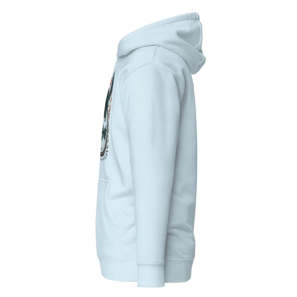 Light blue hoodie with a graphic design on the back against a white background