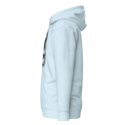 Light blue hoodie with a graphic design on the back against a white background