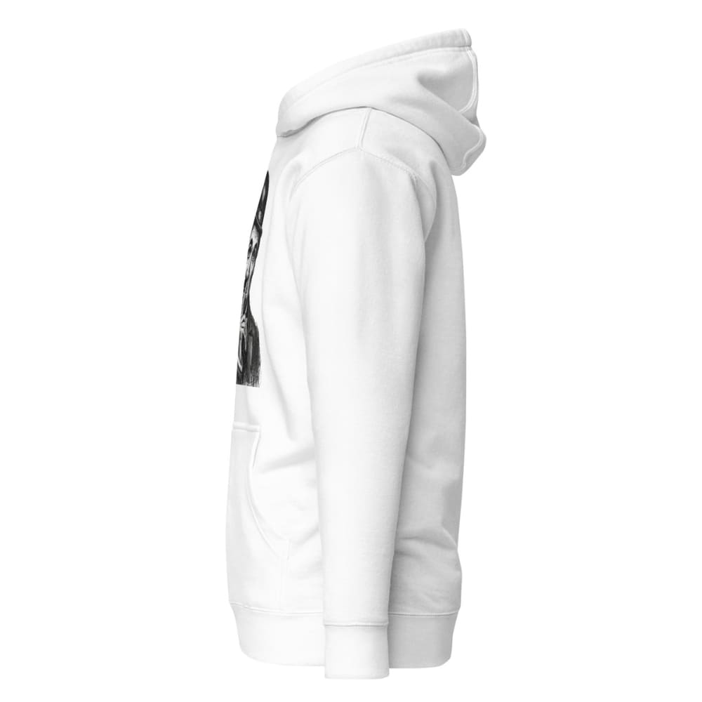 White hoodie with black graphic on the sleeve against a white background