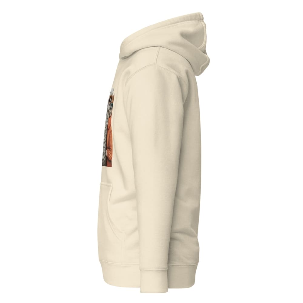 Beige hoodie with a colorful graphic on the sleeve against a white background