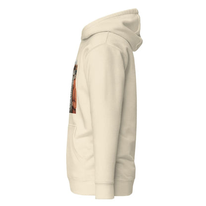 Beige hoodie with a colorful graphic on the sleeve against a white background