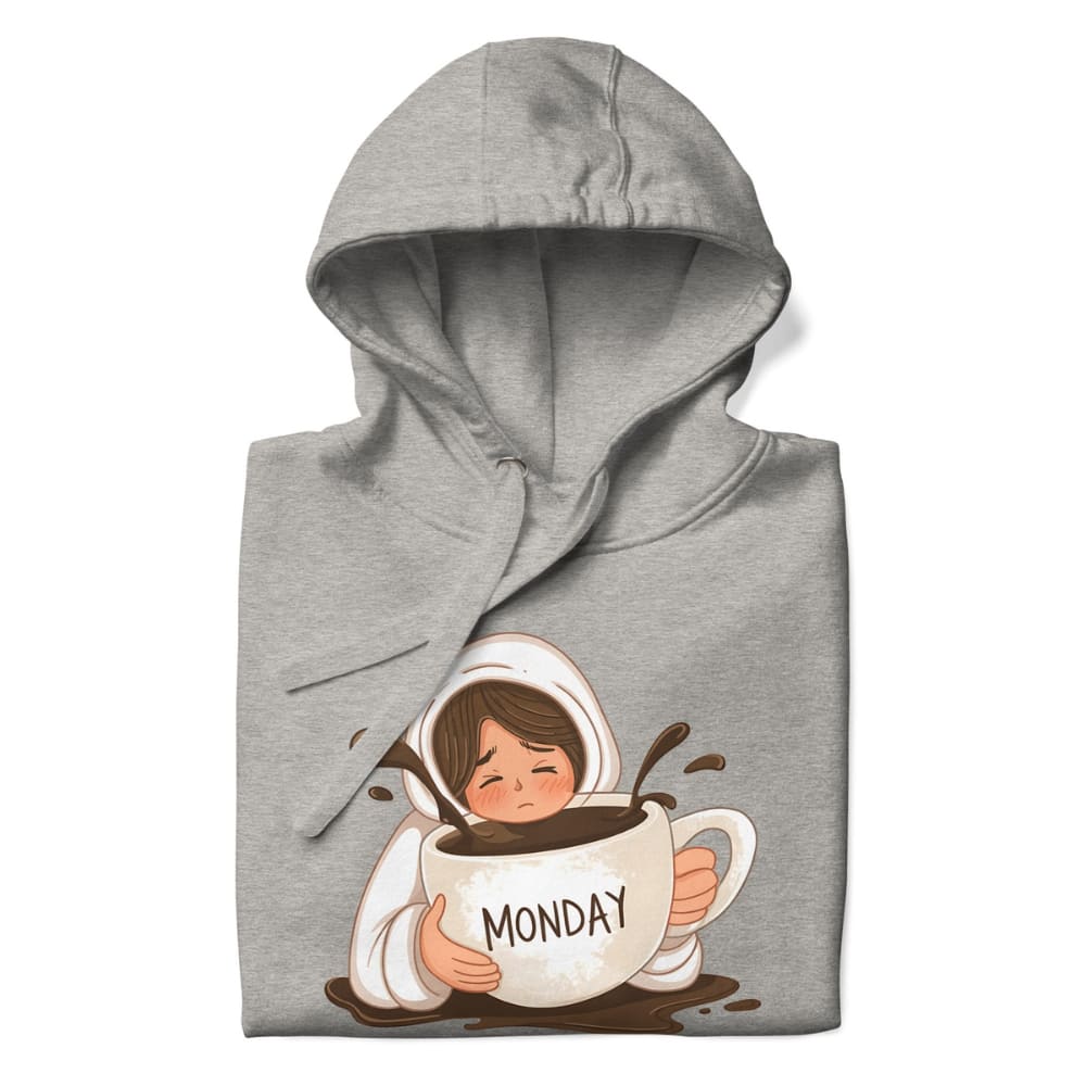 Gray hoodie with a cartoon design of a person holding a coffee cup labeled 'Monday'.