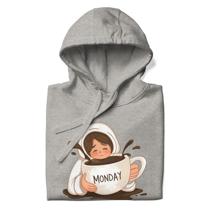 Gray hoodie with a cartoon design of a person holding a coffee cup labeled 'Monday'.