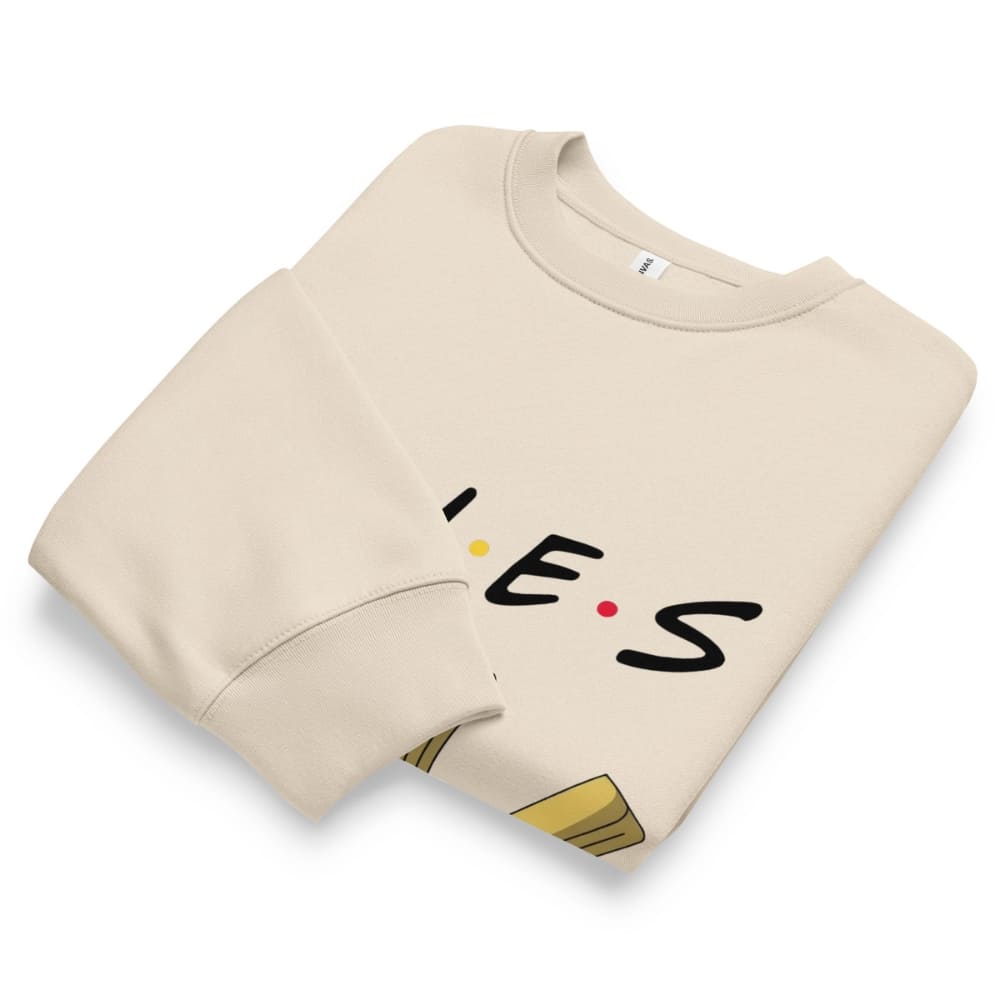 Beige sweatshirt with 'IES' design on a white background