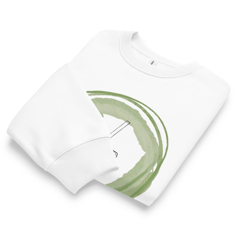 White t-shirt with a green abstract design on a white background