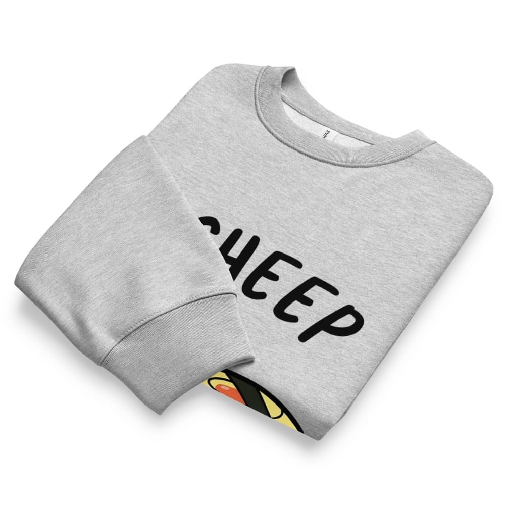 Gray sweatshirt with 'CHEEP' text on a white background