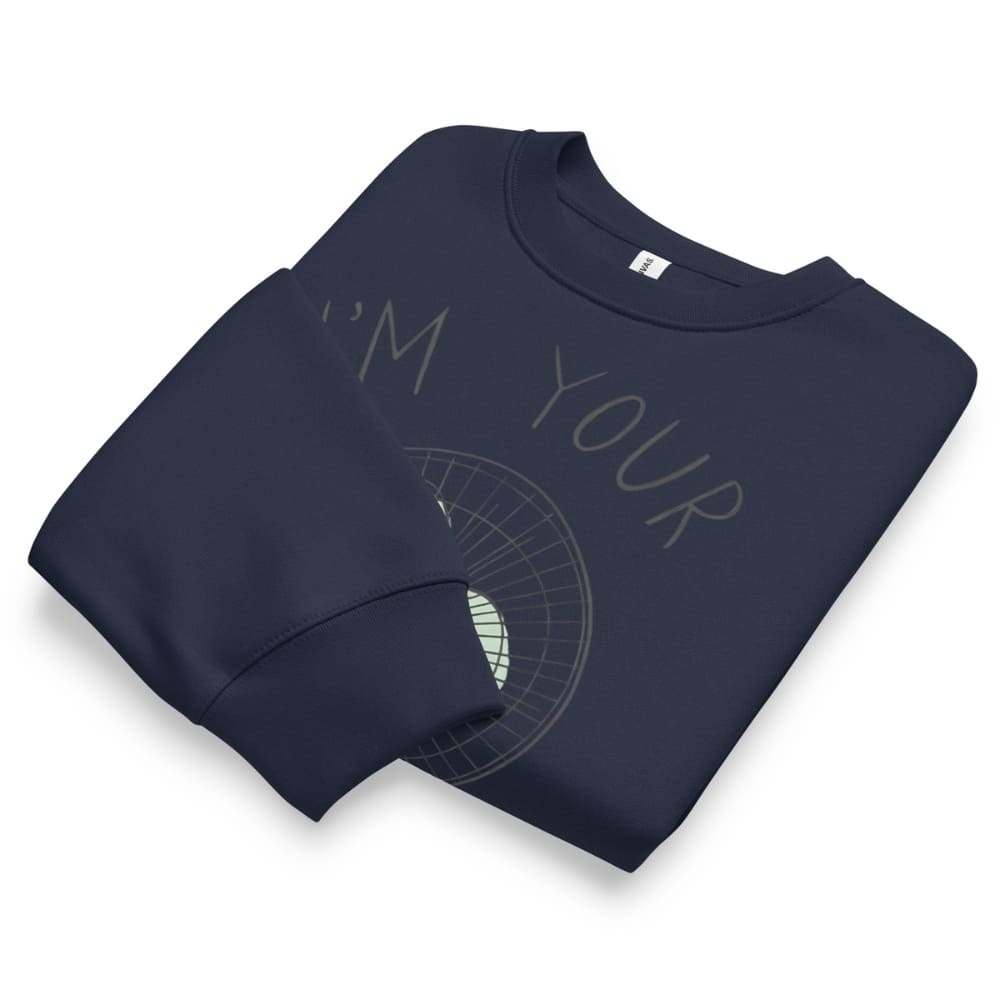 Folded navy blue sweatshirt with text and design on a white background