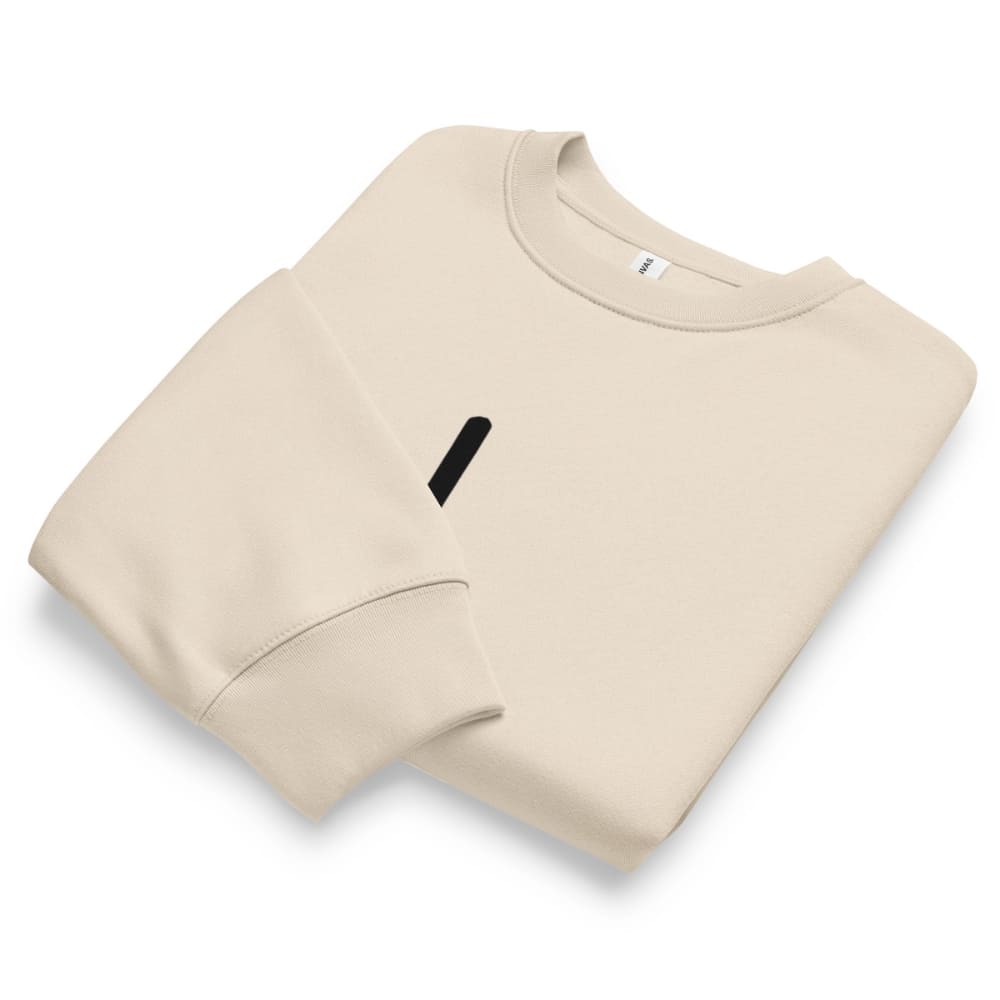 Beige sweatshirt with a black logo on a white background