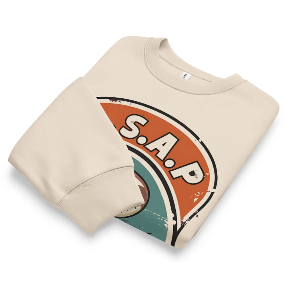Beige sweatshirt with a graphic design featuring 'S.A.P.' on a white background
