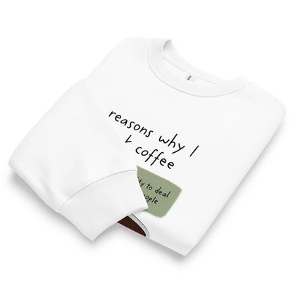 White t-shirt with text 'reasons why I love coffee' on a white background