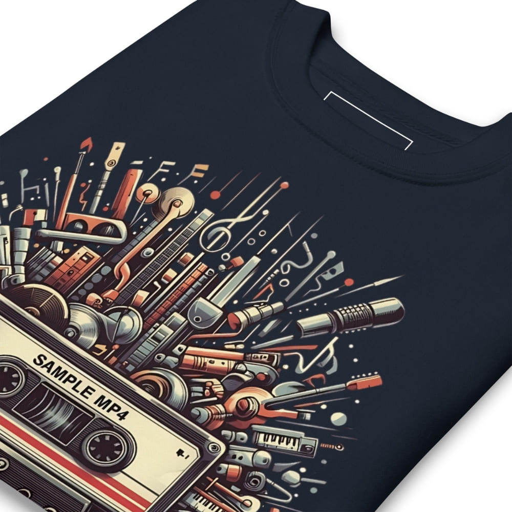 Navy blue t-shirt with a colorful graphic design featuring musical instruments and a cassette tape on a white background.