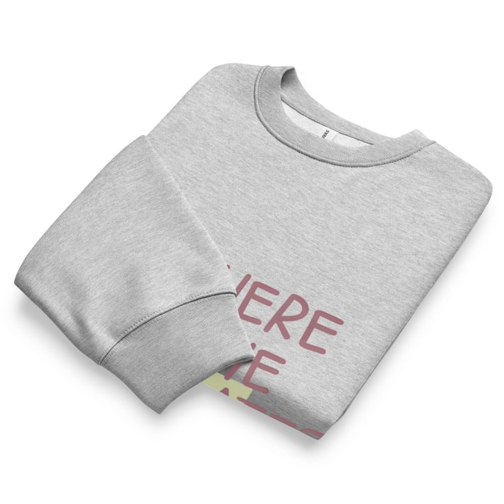 Folded gray sweatshirt with red text on a white background