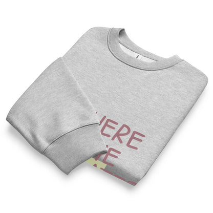 Folded gray sweatshirt with red text on a white background