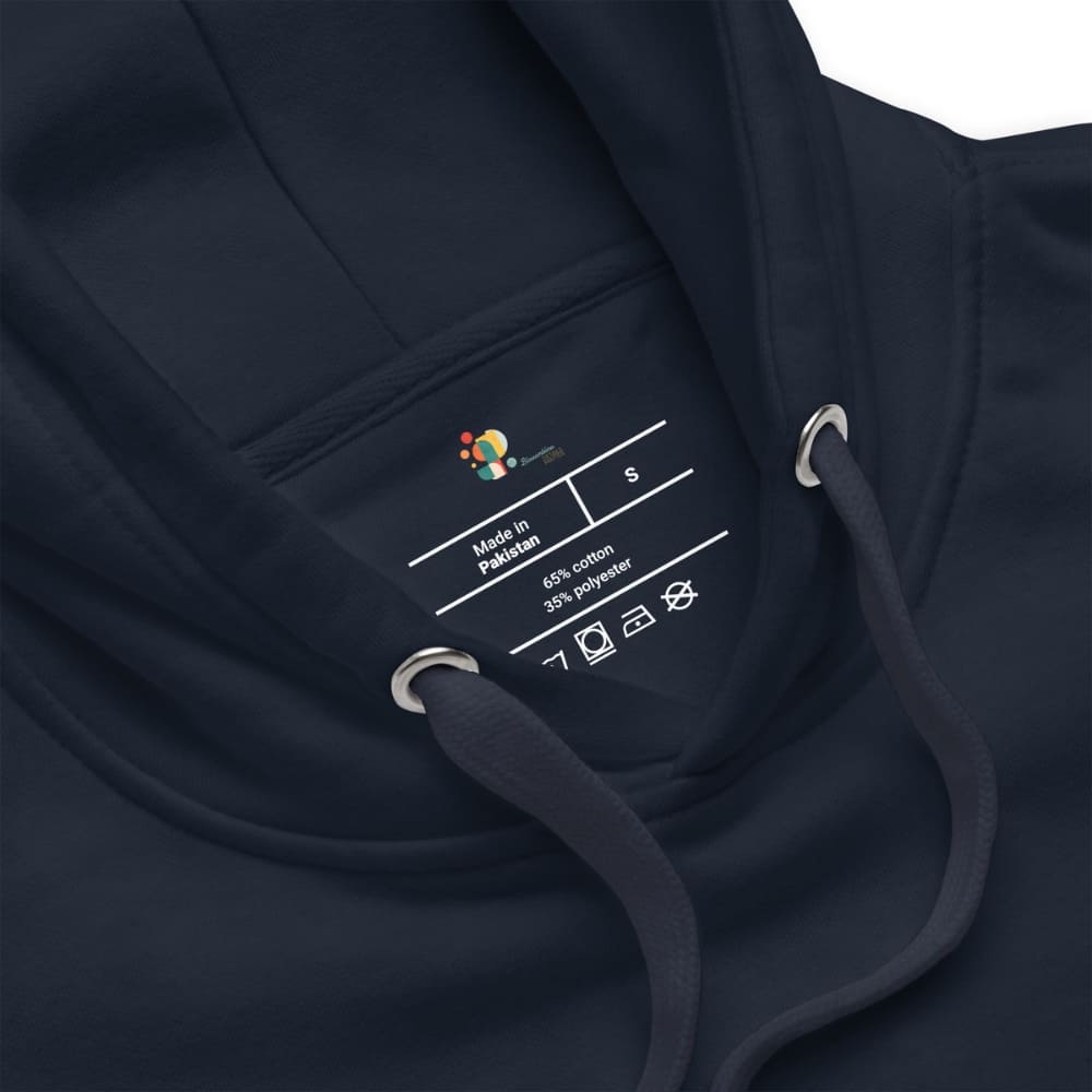 Close-up of a black hoodie with a label on the chest pocket.