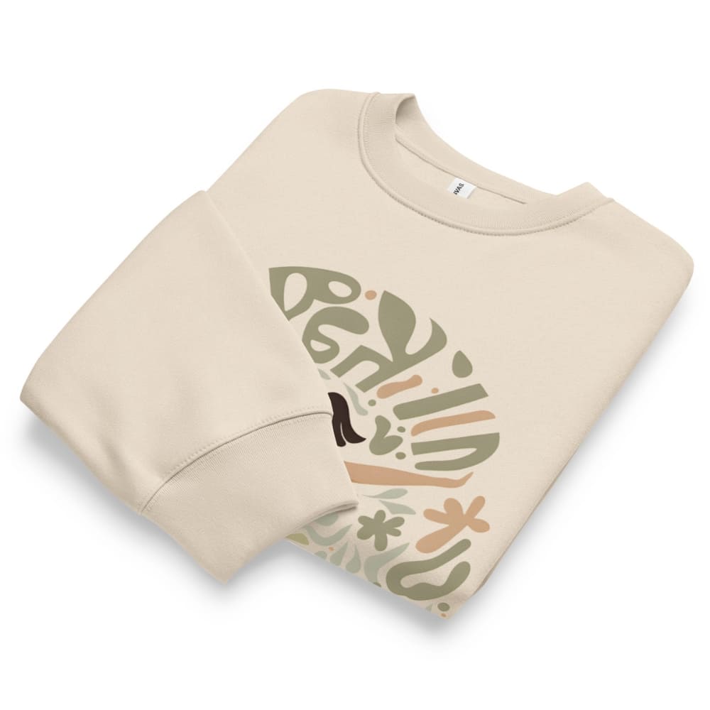 Beige sweatshirt with colorful graphic design on a white background