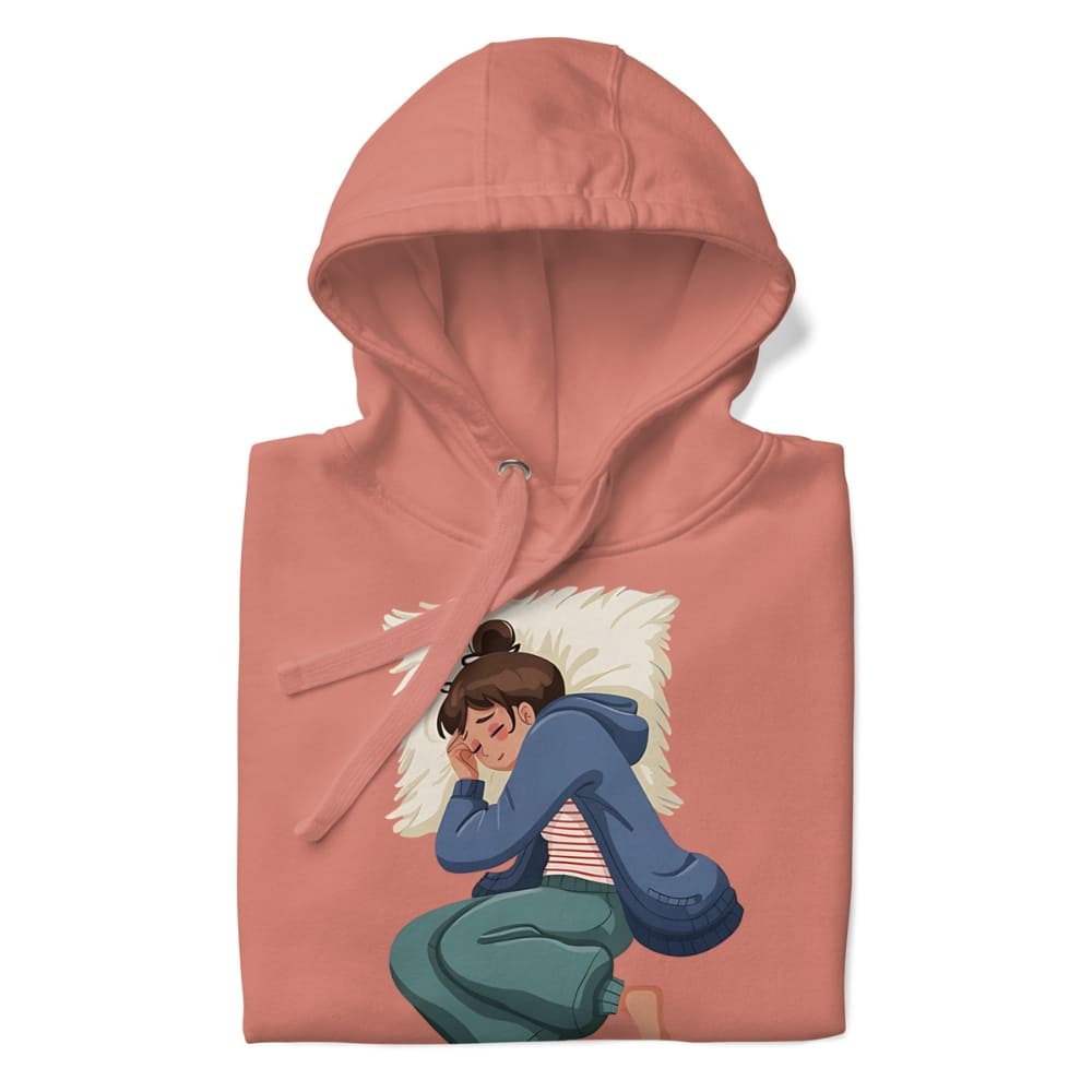 Pink hoodie with an illustration of a person hugging a pillow on a white background