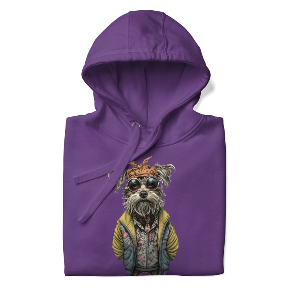 Purple hoodie with a dog graphic on a white background