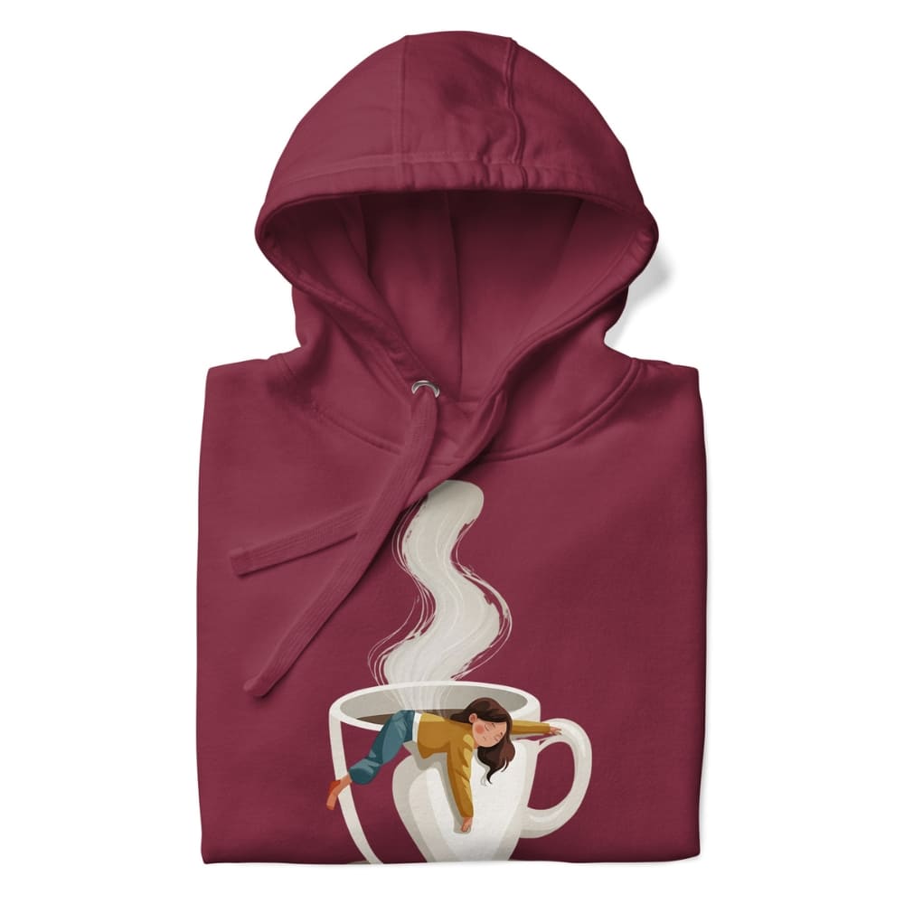 Maroon hoodie with a graphic of a person in a coffee cup on a white background